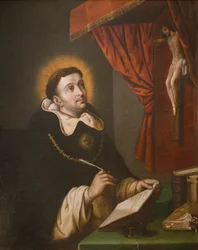 Der heilige Thomas von Aquin schreibt vor dem Kreuz